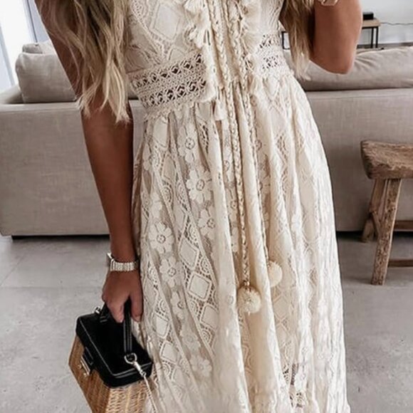 NWT $48 Cupshe Boho Lace Bohemian Flowy White Lace Midi Festival Dress Size Sm - Picture 3 of 15